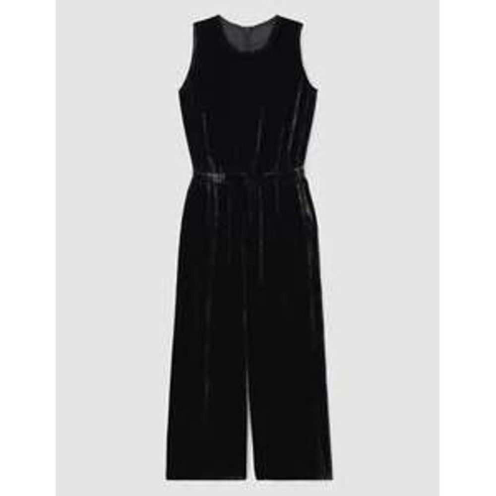 Eileen Fisher XXS Black Crushed Velvet Scoop Neck Wide-Leg Jumpsuit Cropped